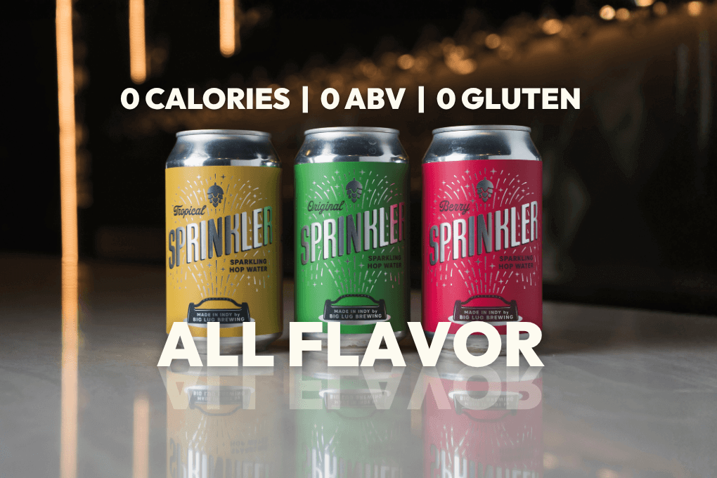 Three cans of Big Lug Brewing Co Sprinkler sparkling hop water
